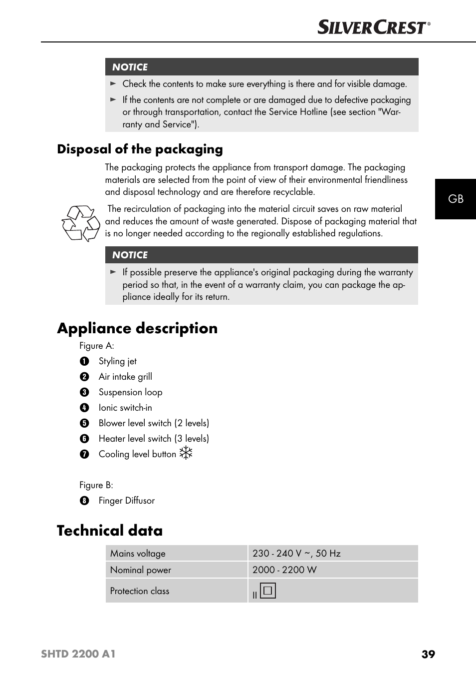 Appliance description, Technical data, Disposal of the packaging | Silvercrest SHTD 2200 A1 User Manual | Page 42 / 51