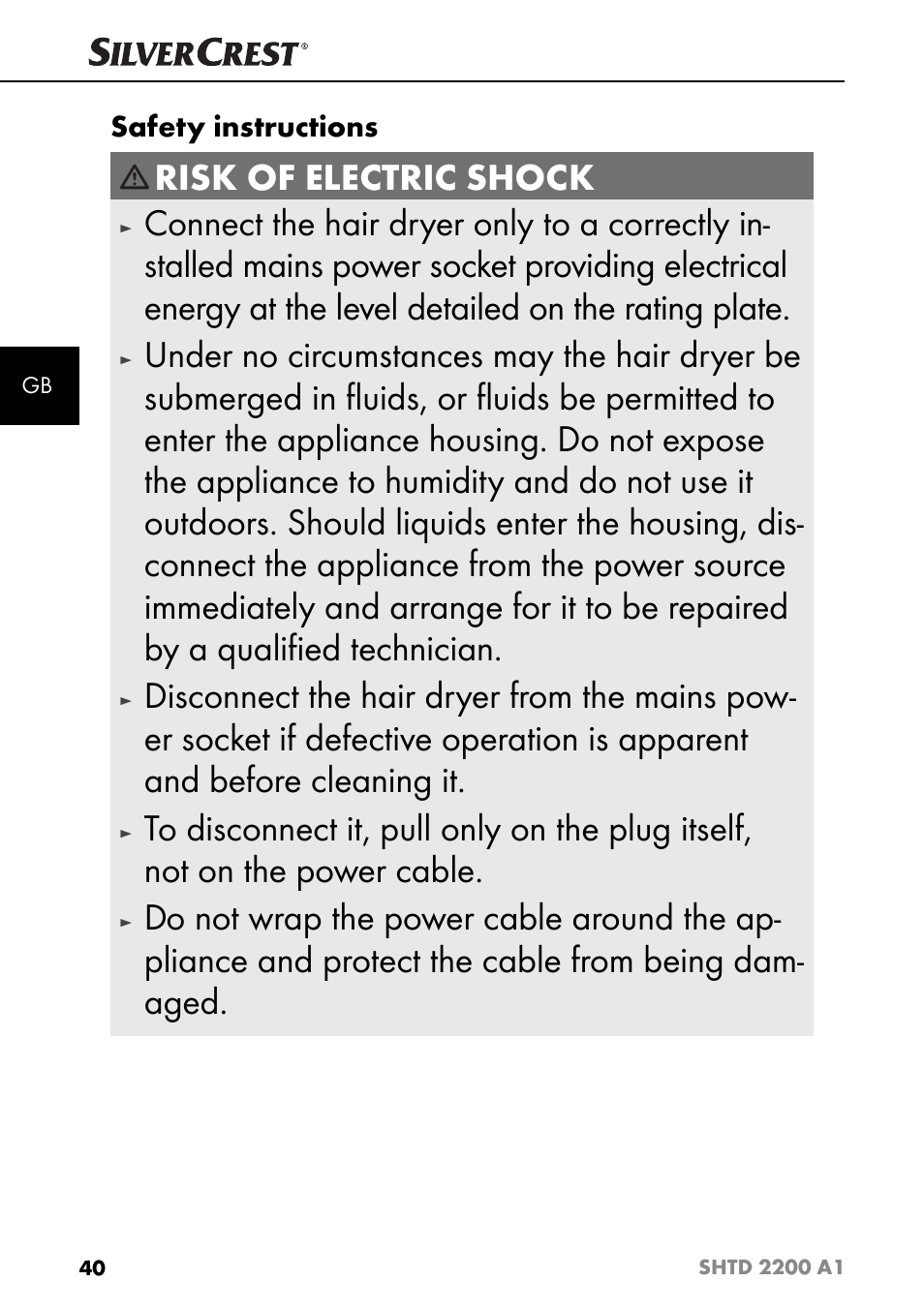 Risk of electric shock, Safety instructions | Silvercrest SHTD 2200 A1 User Manual | Page 43 / 51