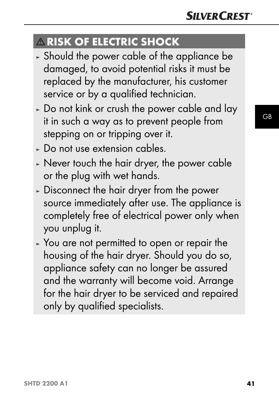 Risk of electric shock, Do not use extension cables | Silvercrest SHTD 2200 A1 User Manual | Page 44 / 51
