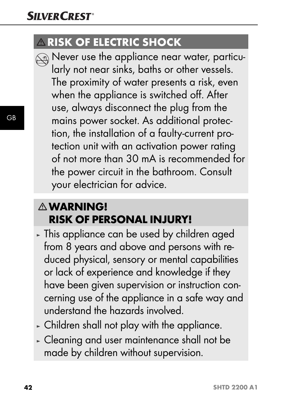 Warning! risk of personal injury, Children shall not play with the appliance | Silvercrest SHTD 2200 A1 User Manual | Page 45 / 51