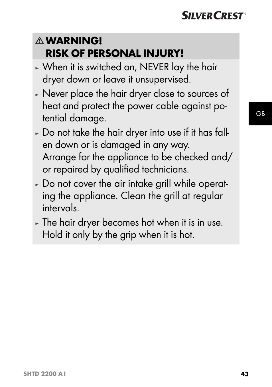 Warning! risk of personal injury | Silvercrest SHTD 2200 A1 User Manual | Page 46 / 51