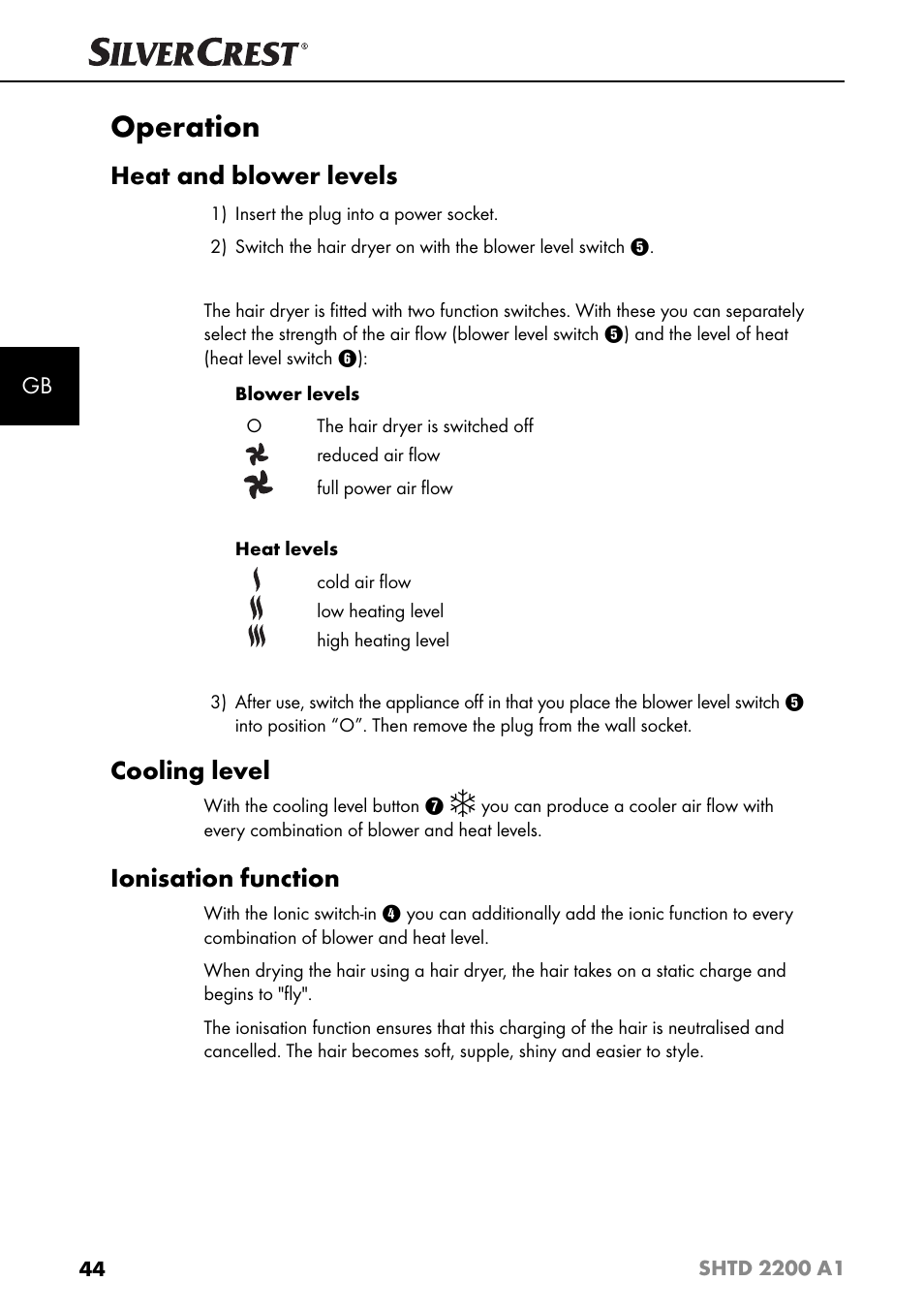 Operation, Heat and blower levels, Cooling level | Ionisation function | Silvercrest SHTD 2200 A1 User Manual | Page 47 / 51