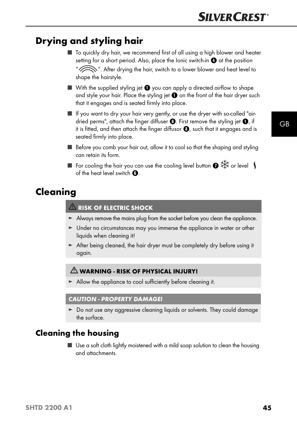 Drying and styling hair, Cleaning, Cleaning the housing | Silvercrest SHTD 2200 A1 User Manual | Page 48 / 51