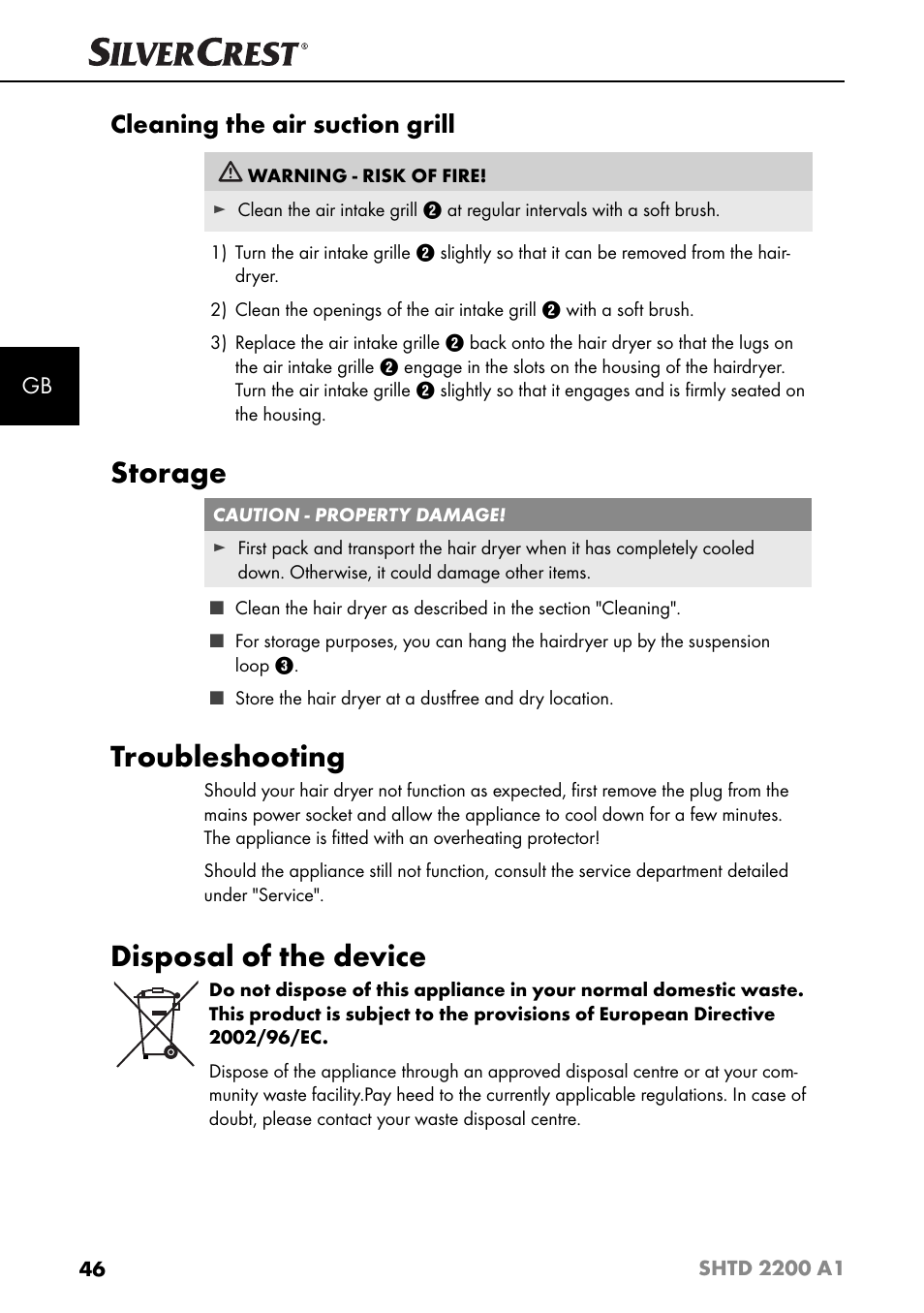 Storage, Troubleshooting, Disposal of the device | Cleaning the air suction grill | Silvercrest SHTD 2200 A1 User Manual | Page 49 / 51