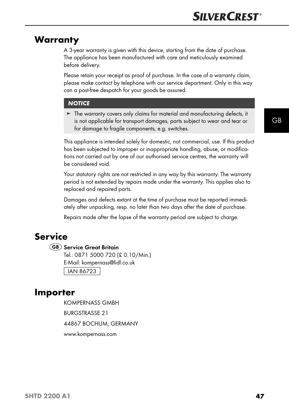 Warranty, Service, Importer | Silvercrest SHTD 2200 A1 User Manual | Page 50 / 51