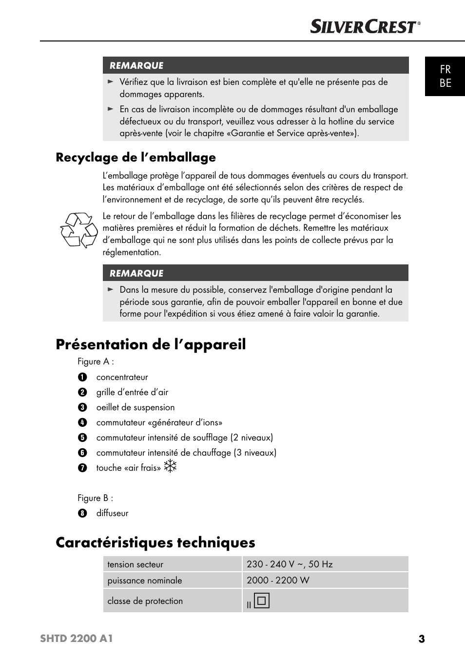 Présentation de l’appareil, Caractéristiques techniques, Recyclage de l’emballage | Silvercrest SHTD 2200 A1 User Manual | Page 6 / 51