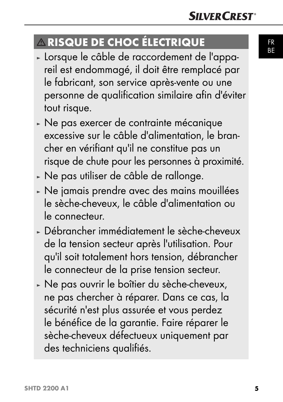 Risque de choc électrique, Ne pas utiliser de câble de rallonge | Silvercrest SHTD 2200 A1 User Manual | Page 8 / 51