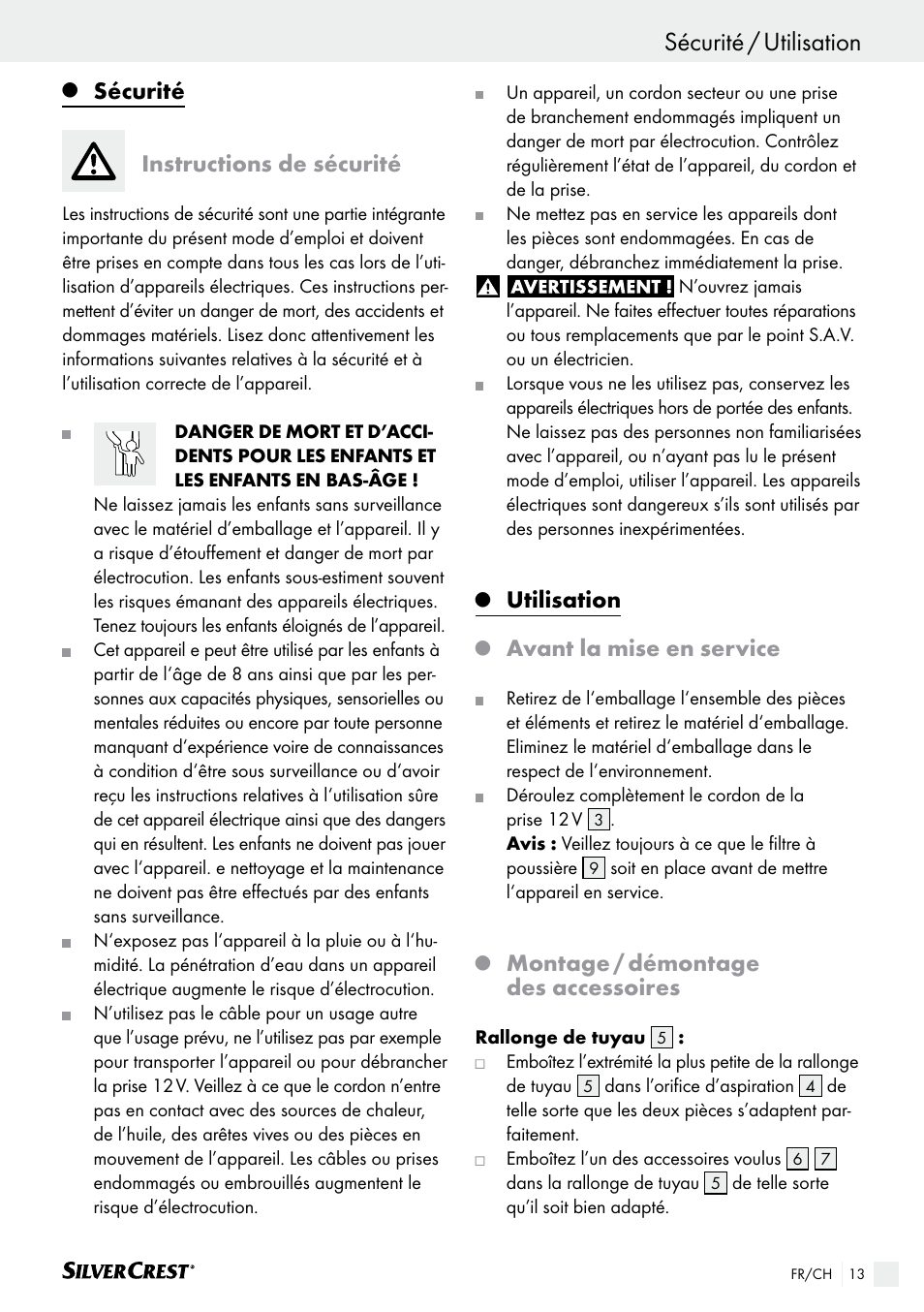 Sécurité / utilisation, Introduction, Sécurité | Instructions de sécurité, Utilisation, Avant la mise en service, Montage / démontage des accessoires | Silvercrest SHS 12.0 A2 User Manual | Page 13 / 34