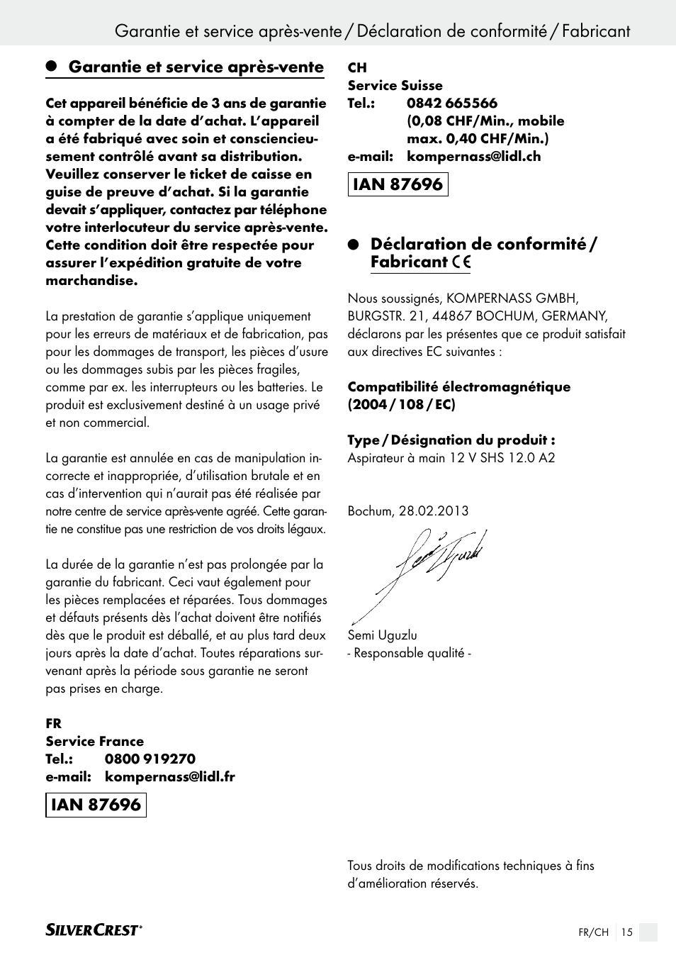 Garantie et service après-vente, Déclaration de conformité / fabricant | Silvercrest SHS 12.0 A2 User Manual | Page 15 / 34