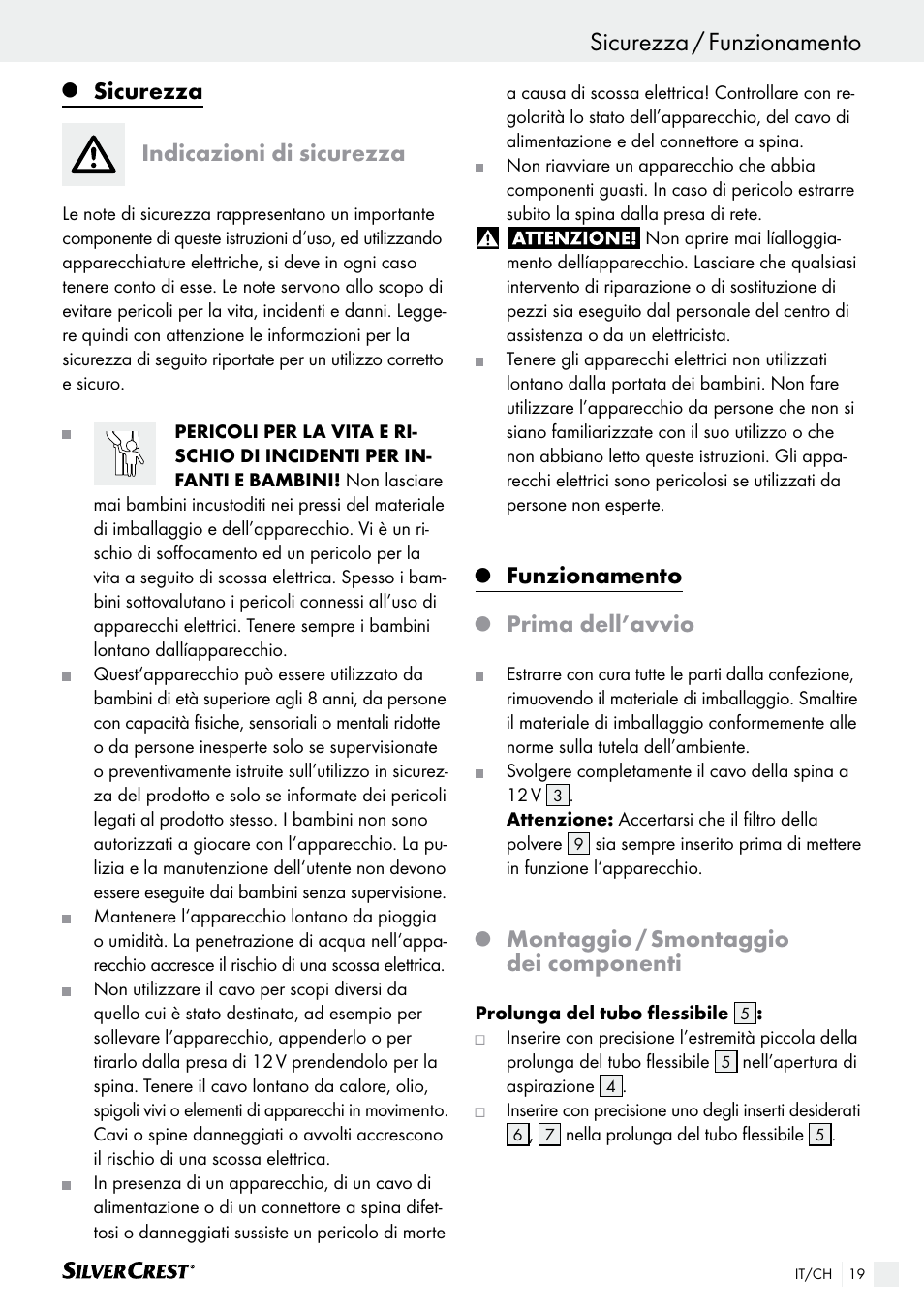 Sicurezza / funzionamento introduzione, Sicurezza, Indicazioni di sicurezza | Funzionamento, Prima dell’avvio, Montaggio / smontaggio dei componenti | Silvercrest SHS 12.0 A2 User Manual | Page 19 / 34