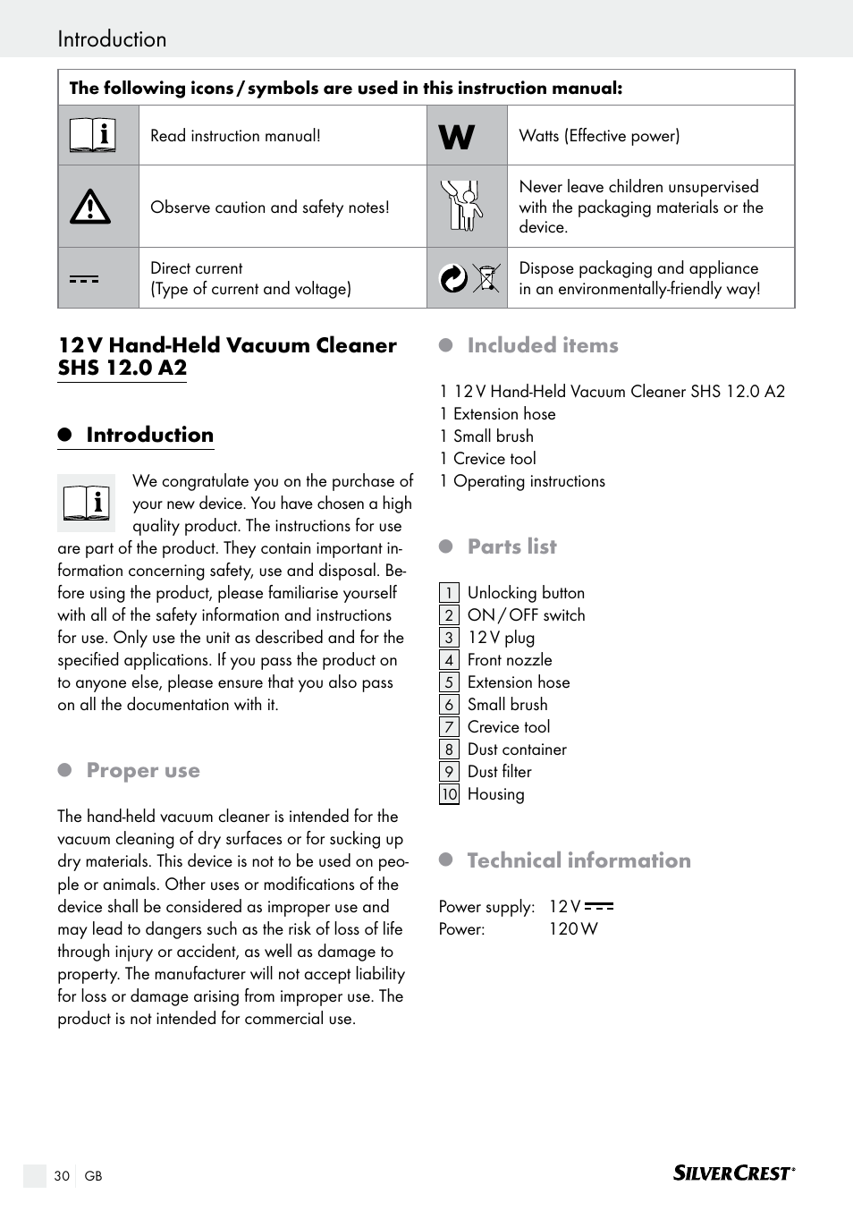 Introduction safety / operation, Introduction, Proper use | Included items, Parts list, Technical information | Silvercrest SHS 12.0 A2 User Manual | Page 30 / 34