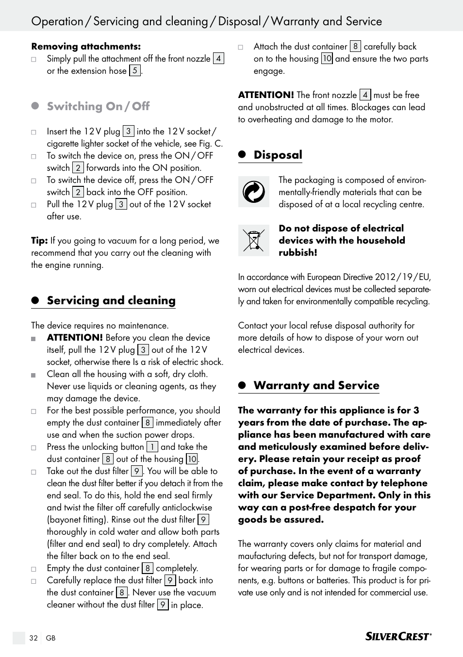 Switching on / off, Servicing and cleaning, Disposal | Warranty and service | Silvercrest SHS 12.0 A2 User Manual | Page 32 / 34