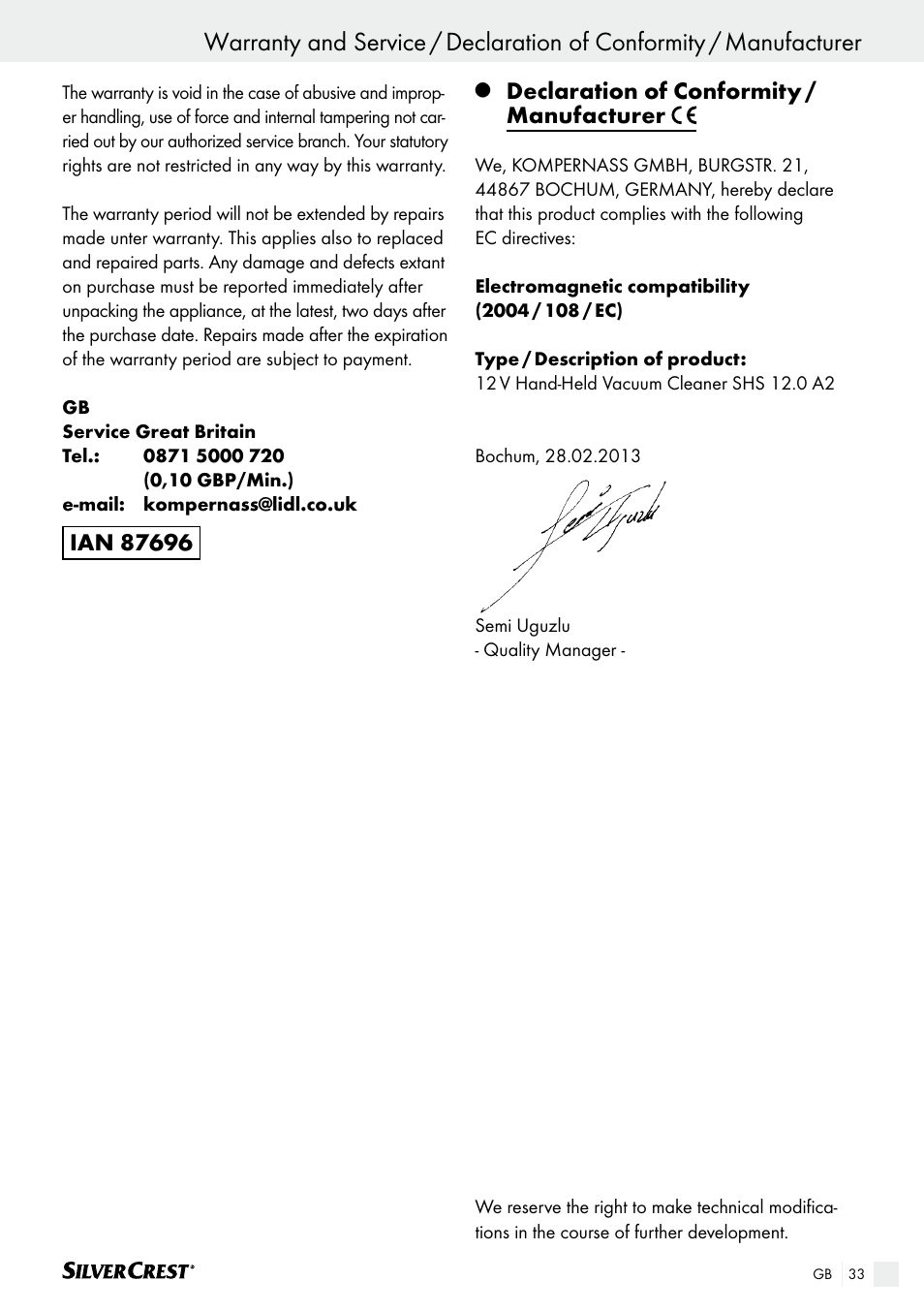 Declaration of conformity / manufacturer | Silvercrest SHS 12.0 A2 User Manual | Page 33 / 34