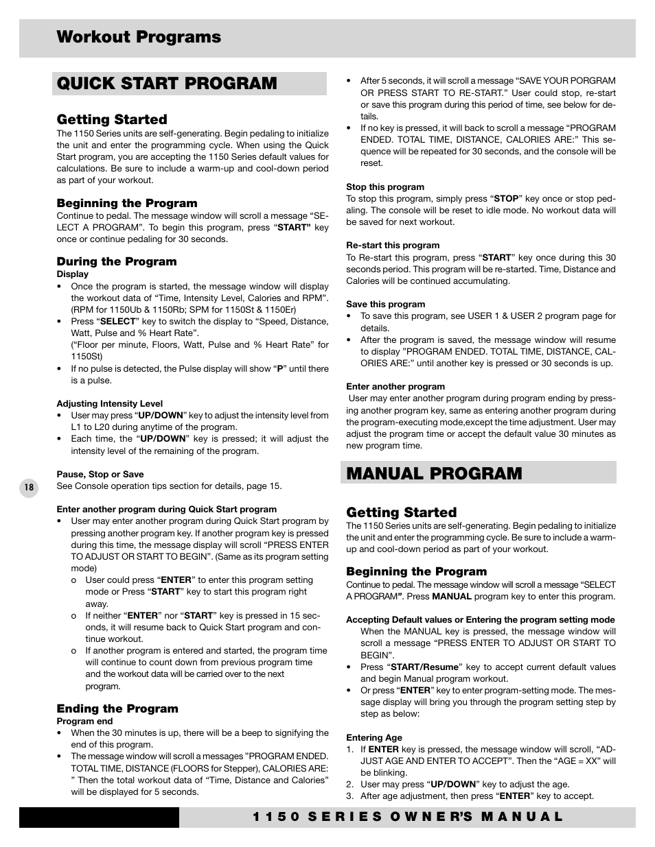 Workout programs quick start program, Manual program, Getting started | Diamondback 1150St User Manual | Page 20 / 35