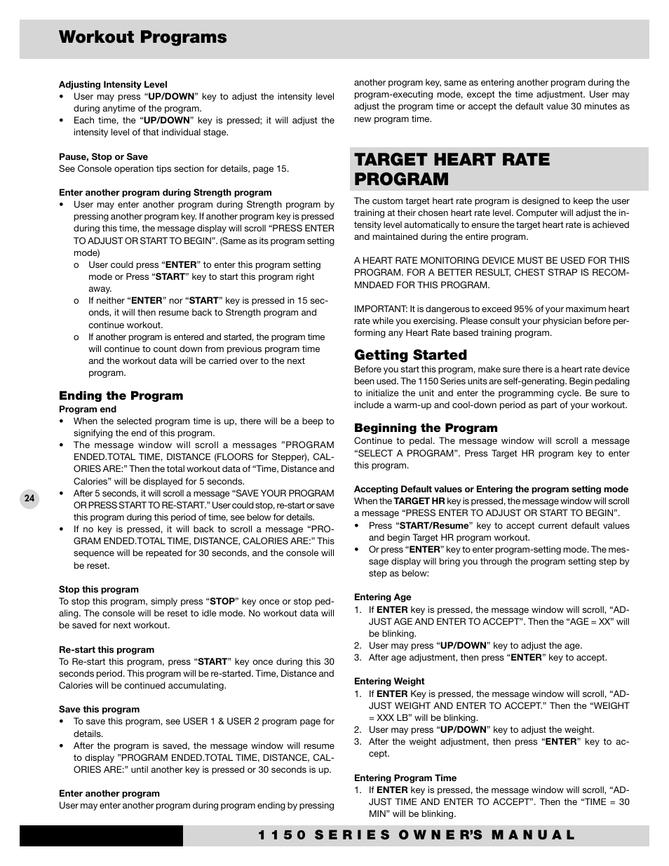 Target heart rate program, Workout programs, Getting started | Ending the program, Beginning the program | Diamondback 1150St User Manual | Page 26 / 35