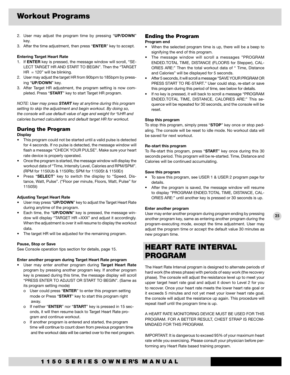 Heart rate interval program, Workout programs, During the program | Ending the program | Diamondback 1150St User Manual | Page 27 / 35