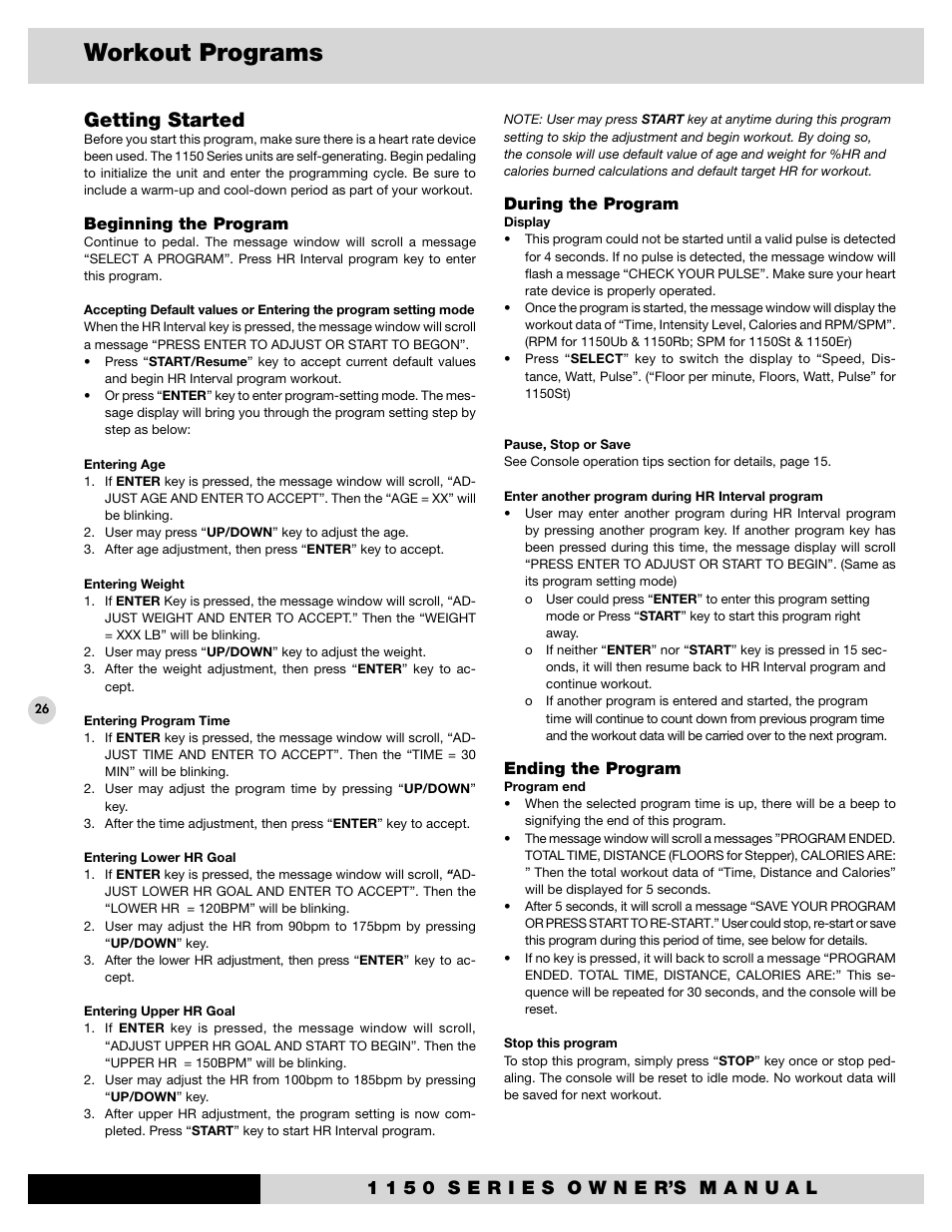 Workout programs, Getting started, Beginning the program | During the program, Ending the program | Diamondback 1150St User Manual | Page 28 / 35