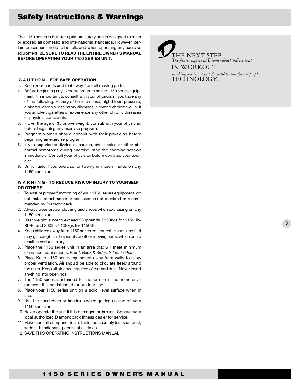 Safety instructions & warnings, The next step in workout technology | Diamondback 1150St User Manual | Page 5 / 35