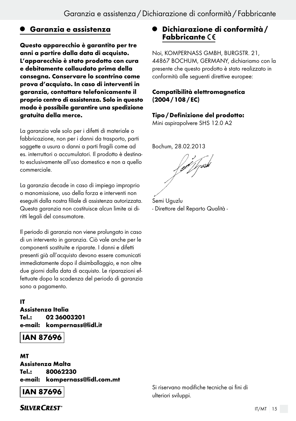 Garanzia e assistenza, Dichiarazione di conformità / fabbricante | Silvercrest SHS 12.0 A2 User Manual | Page 14 / 27