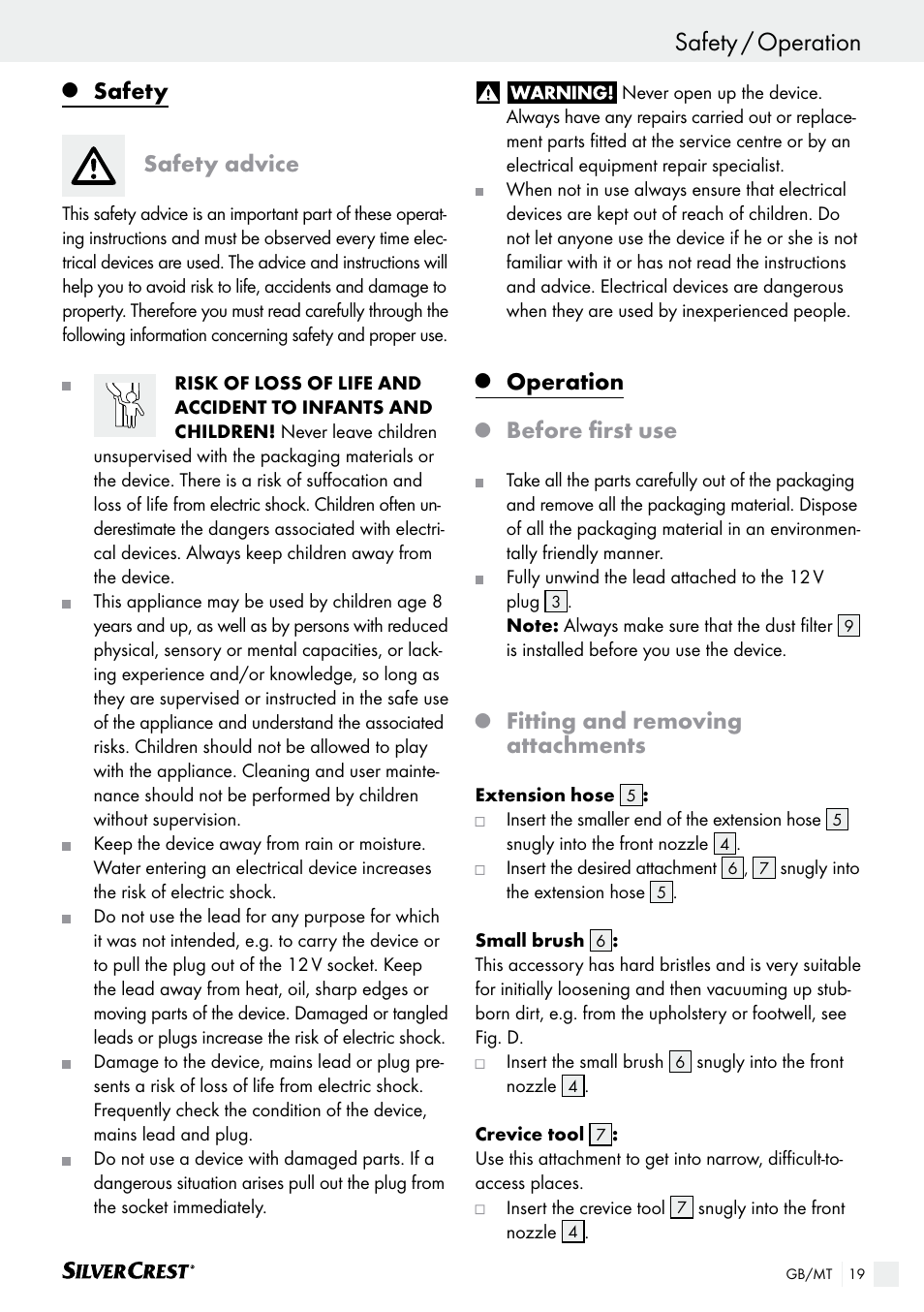 Introduction safety / operation, Safety, Safety advice | Operation, Before first use, Fitting and removing attachments | Silvercrest SHS 12.0 A2 User Manual | Page 18 / 27