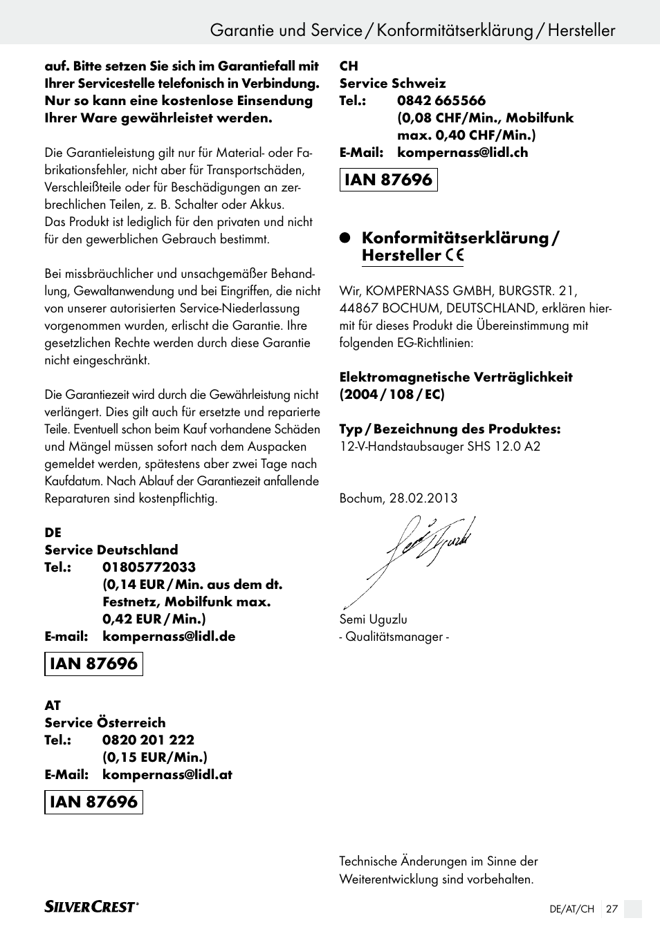 Konformitätserklärung / hersteller | Silvercrest SHS 12.0 A2 User Manual | Page 26 / 27