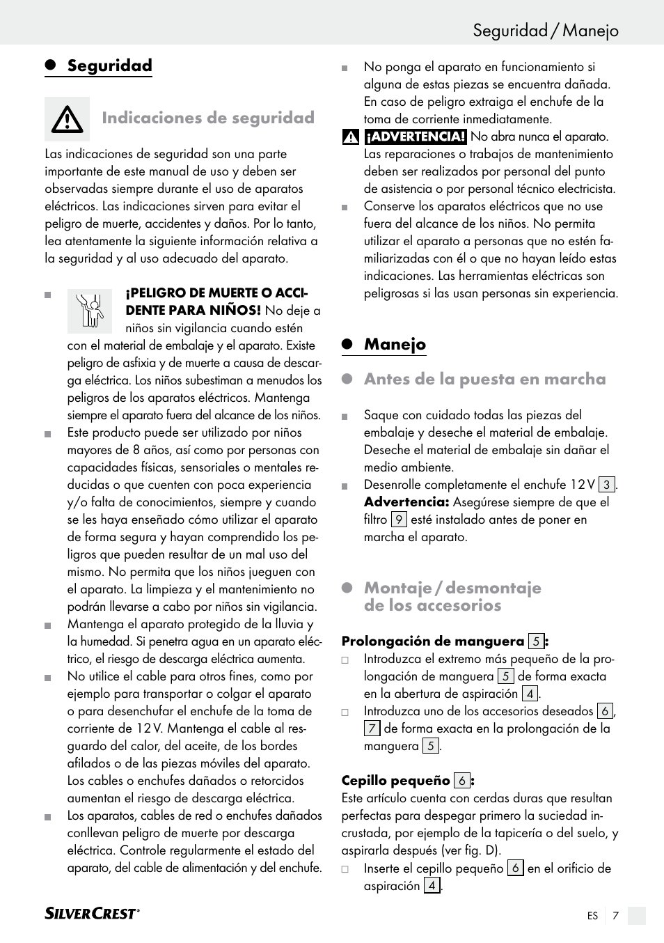 Seguridad / manejo introducción, Seguridad, Indicaciones de seguridad | Manejo, Antes de la puesta en marcha, Montaje / desmontaje de los accesorios | Silvercrest SHS 12.0 A2 User Manual | Page 6 / 27