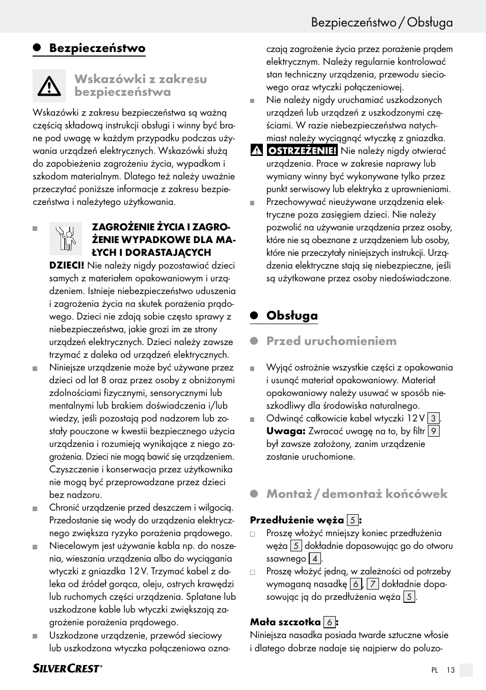Wstęp bezpieczeństwo / obsługa, Bezpieczeństwo, Wskazówki z zakresu bezpieczeństwa | Obsługa, Przed uruchomieniem, Montaż / demontaż końcówek | Silvercrest SHS 12.0 A2 User Manual | Page 13 / 46