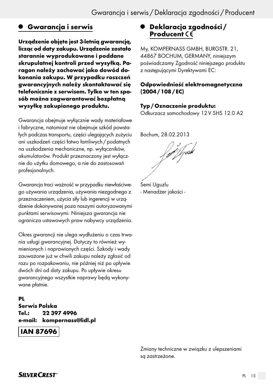 Gwarancja i serwis, Deklaracja zgodności / producent | Silvercrest SHS 12.0 A2 User Manual | Page 15 / 46