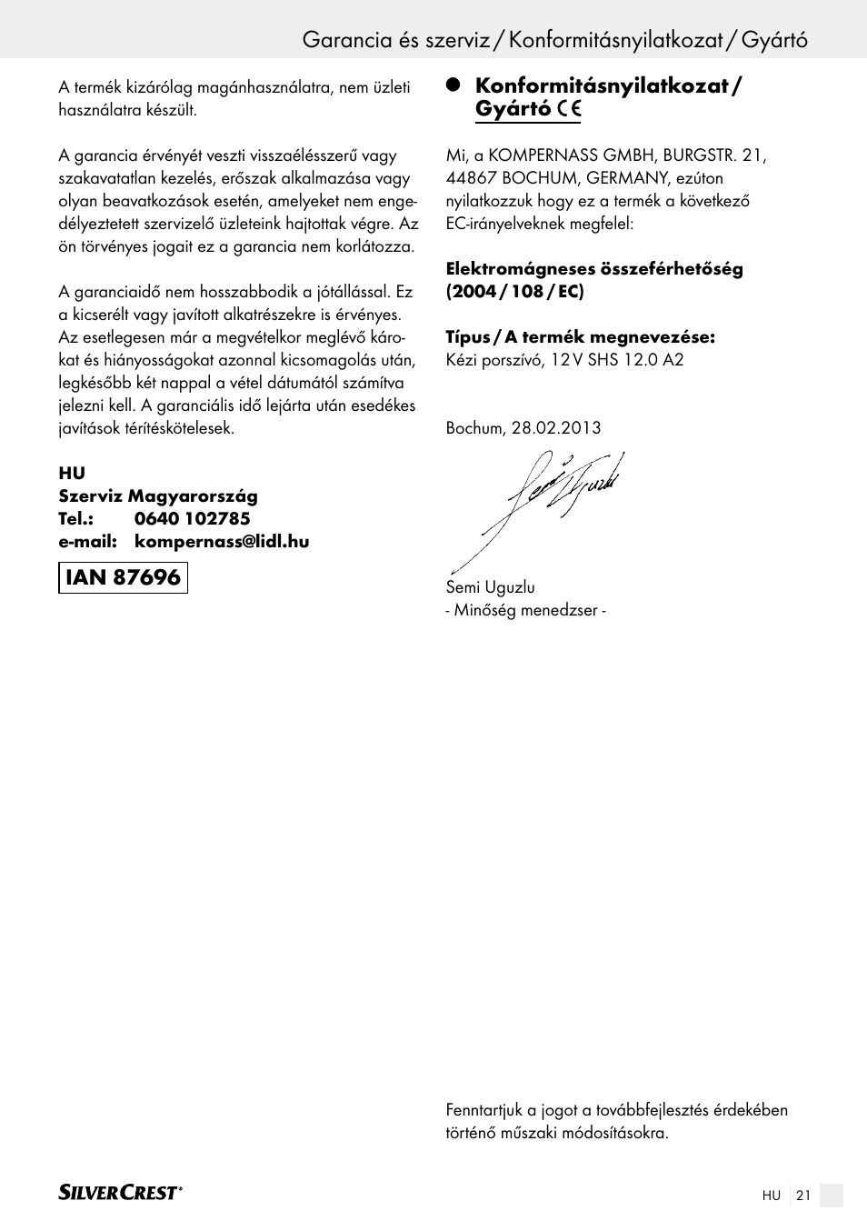 Konformitásnyilatkozat / gyártó | Silvercrest SHS 12.0 A2 User Manual | Page 21 / 46