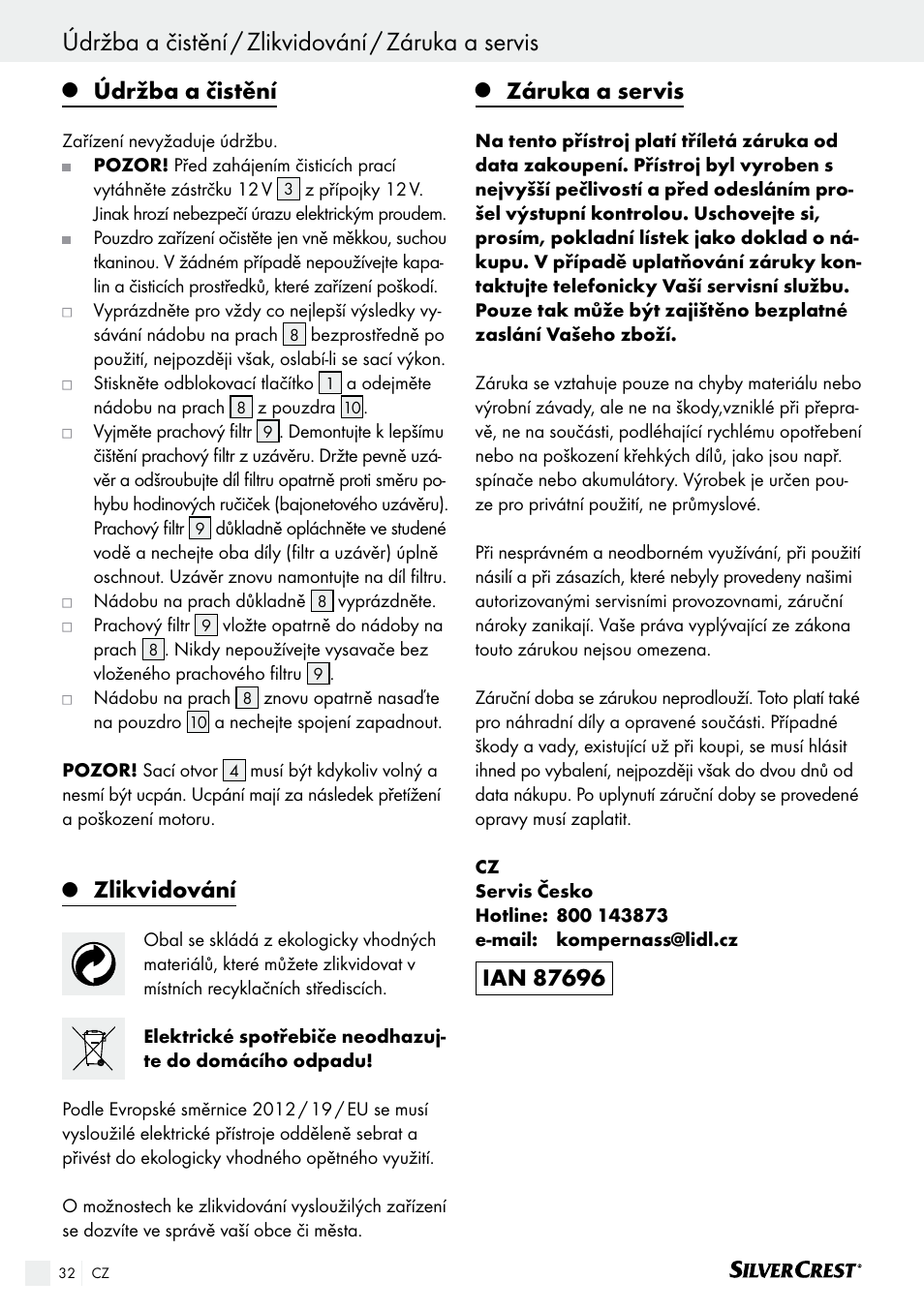 Údržba a čistění, Zlikvidování, Záruka a servis | Silvercrest SHS 12.0 A2 User Manual | Page 32 / 46