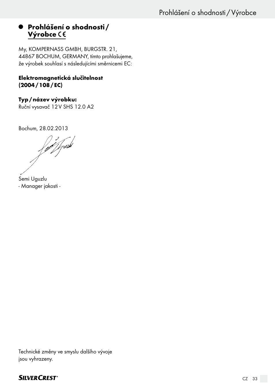 Prohlášení o shodnosti / výrobce | Silvercrest SHS 12.0 A2 User Manual | Page 33 / 46