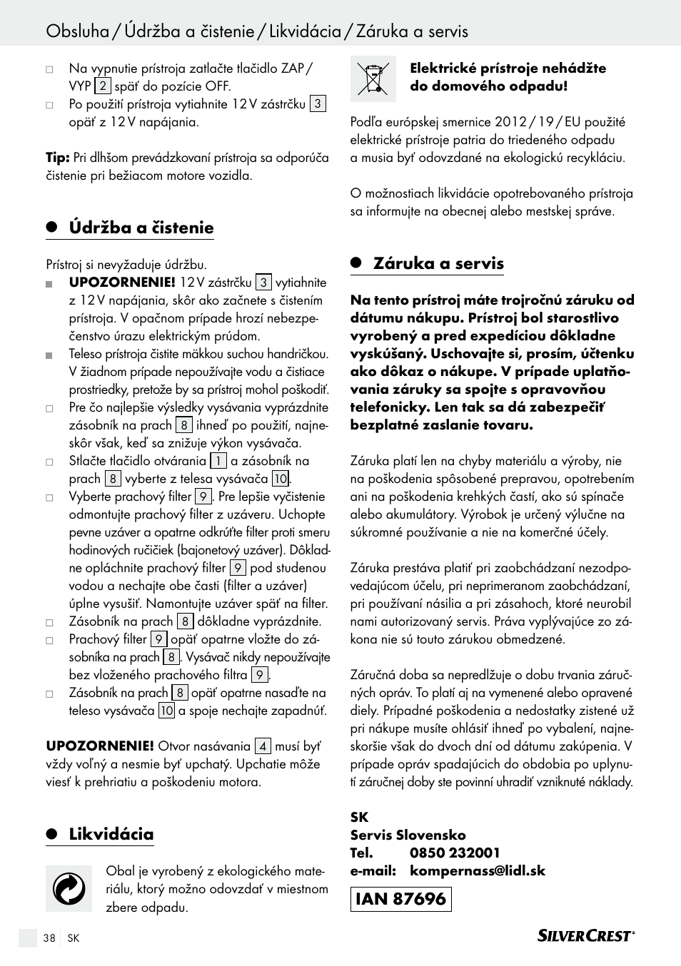 Údržba a čistenie, Likvidácia, Záruka a servis | Silvercrest SHS 12.0 A2 User Manual | Page 38 / 46