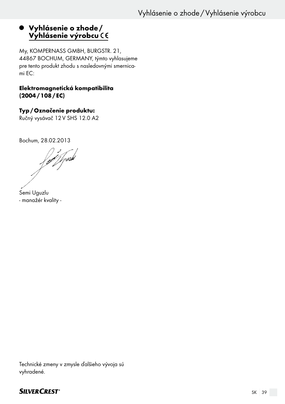 Vyhlásenie o zhode / vyhlásenie výrobcu | Silvercrest SHS 12.0 A2 User Manual | Page 39 / 46
