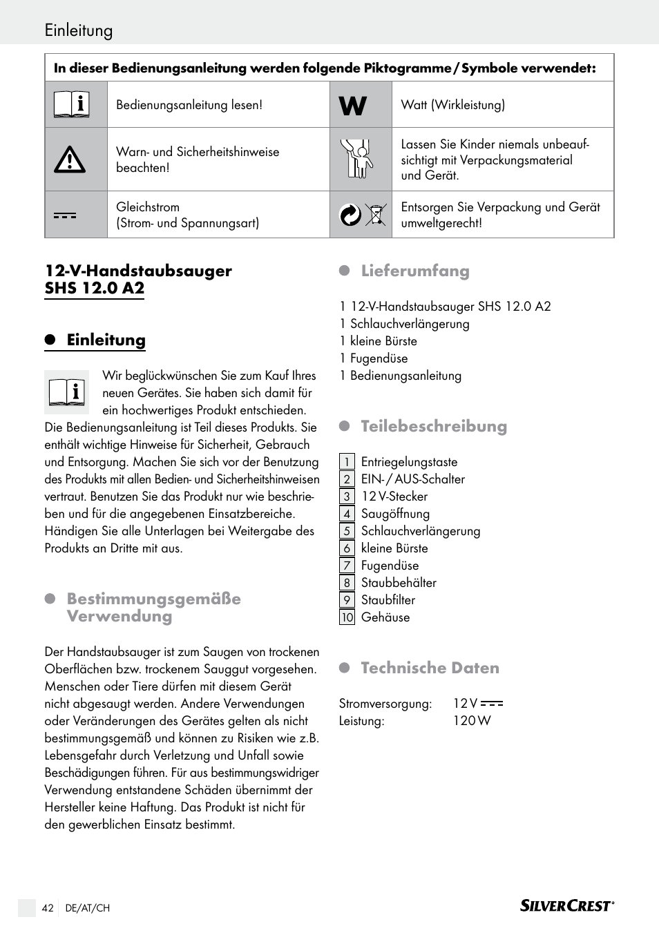 Einleitung sicherheit / bedienung, V-handstaubsauger shs 12.0 a2, Einleitung | Bestimmungsgemäße verwendung, Lieferumfang, Teilebeschreibung, Technische daten | Silvercrest SHS 12.0 A2 User Manual | Page 42 / 46