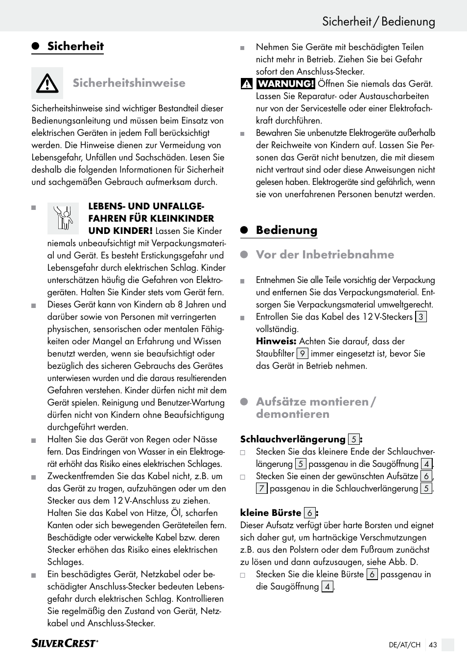 Einleitung sicherheit / bedienung, Sicherheit sicherheitshinweise, Bedienung | Vor der inbetriebnahme, Aufsätze montieren / demontieren | Silvercrest SHS 12.0 A2 User Manual | Page 43 / 46
