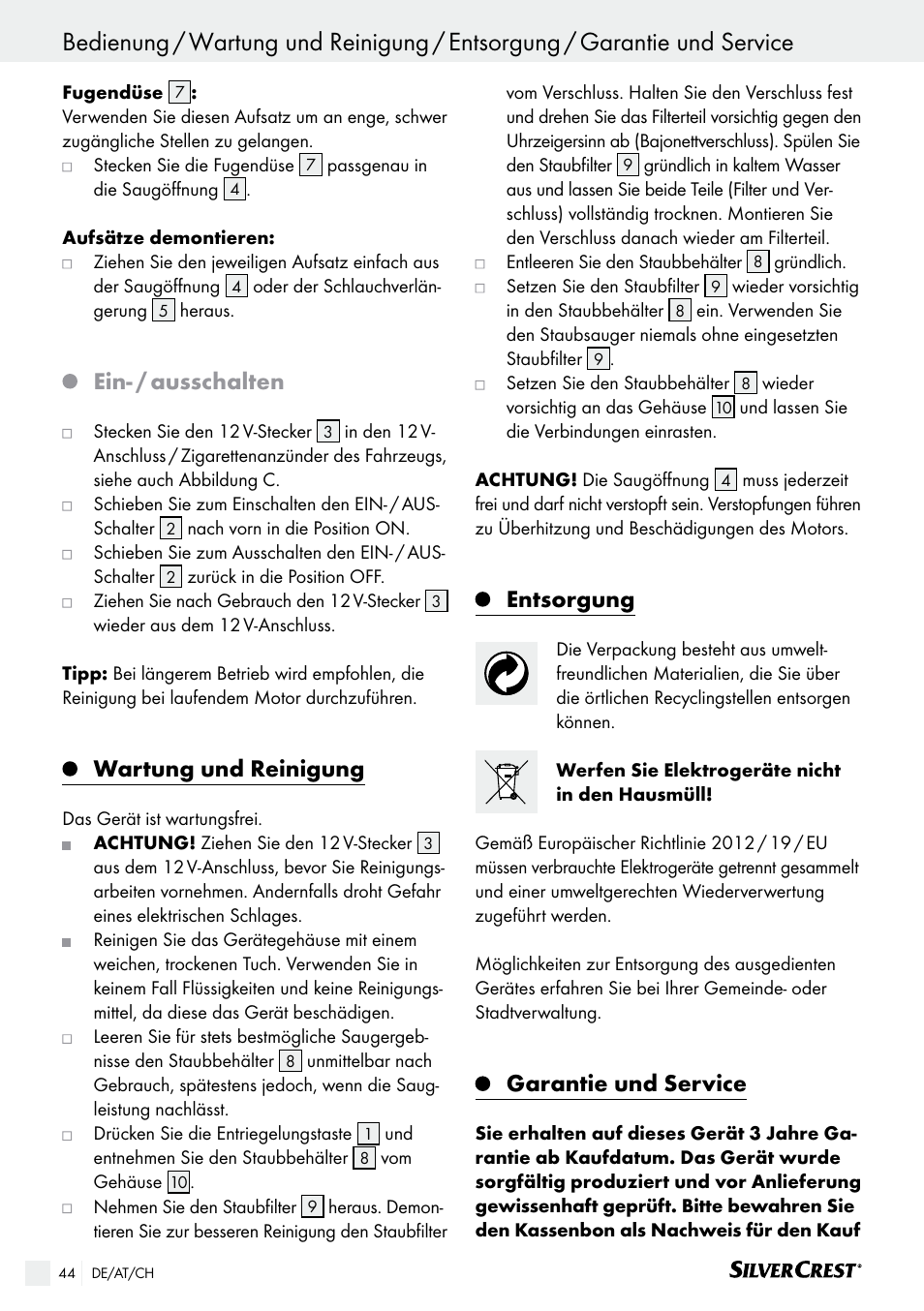 Ein- / ausschalten, Wartung und reinigung, Entsorgung | Garantie und service | Silvercrest SHS 12.0 A2 User Manual | Page 44 / 46