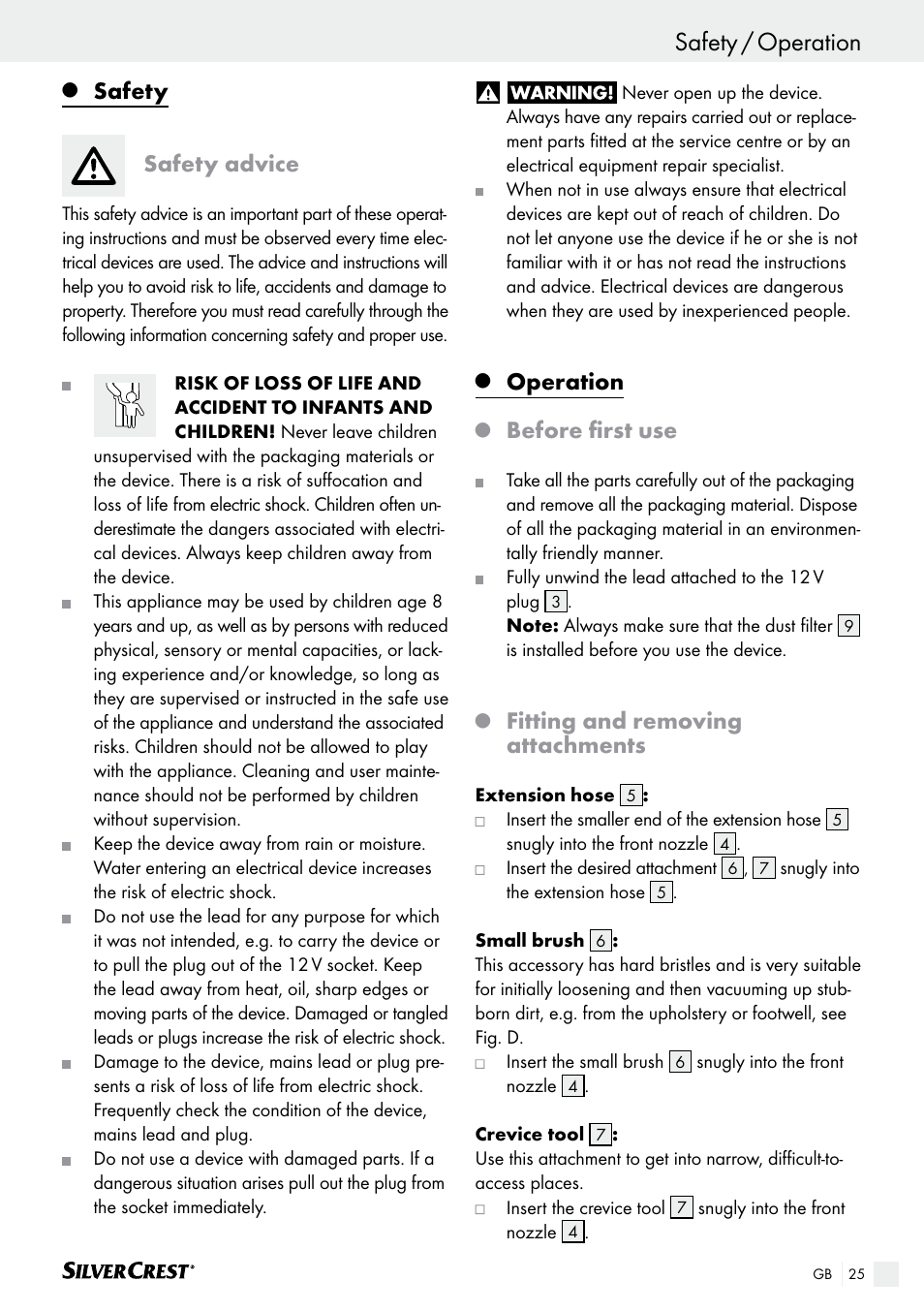 Introduction safety / operation, Safety, Safety advice | Operation, Before first use, Fitting and removing attachments | Silvercrest SHS 12.0 A2 User Manual | Page 24 / 27