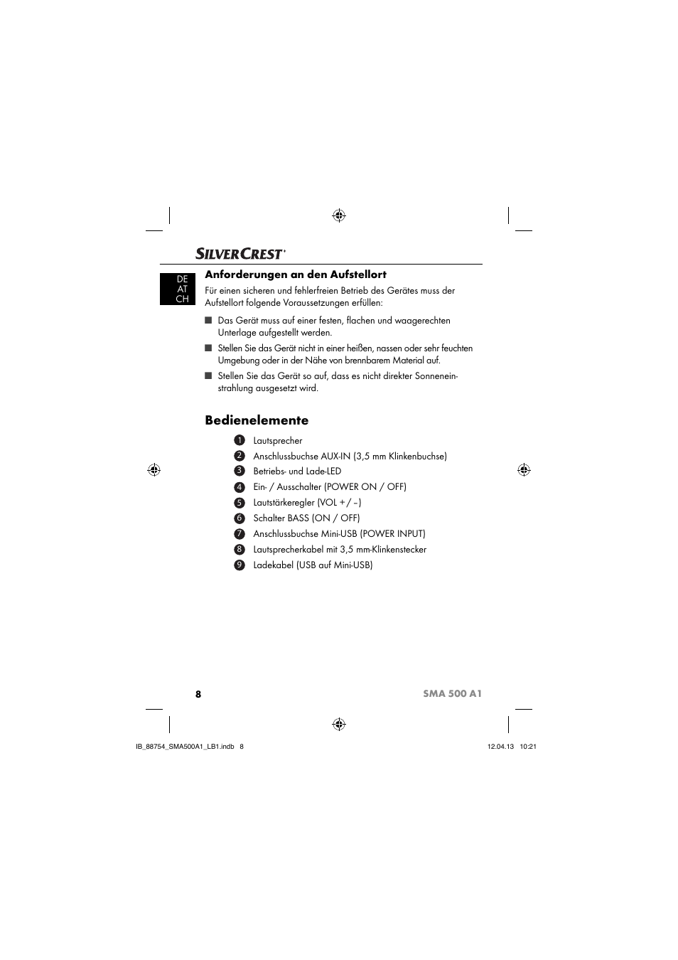 Bedienelemente, Anforderungen an den aufstellort | Silvercrest SMA 500 A1 User Manual | Page 11 / 83