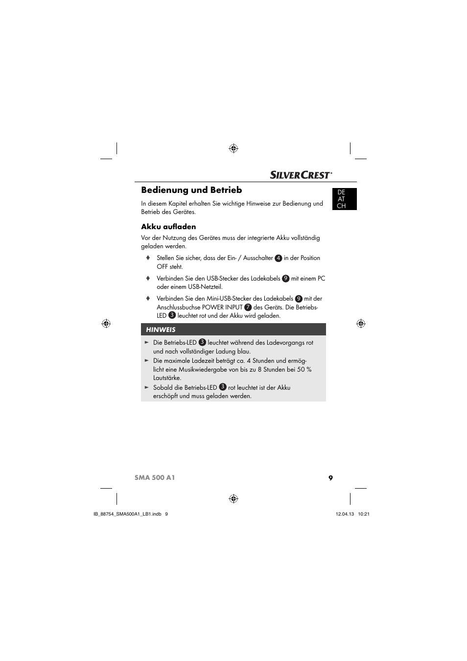 Bedienung und betrieb, Akku auﬂ aden | Silvercrest SMA 500 A1 User Manual | Page 12 / 83