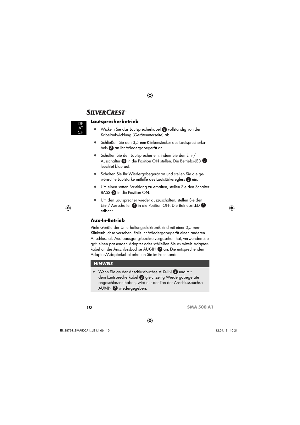 Lautsprecherbetrieb, Aux-in-betrieb | Silvercrest SMA 500 A1 User Manual | Page 13 / 83