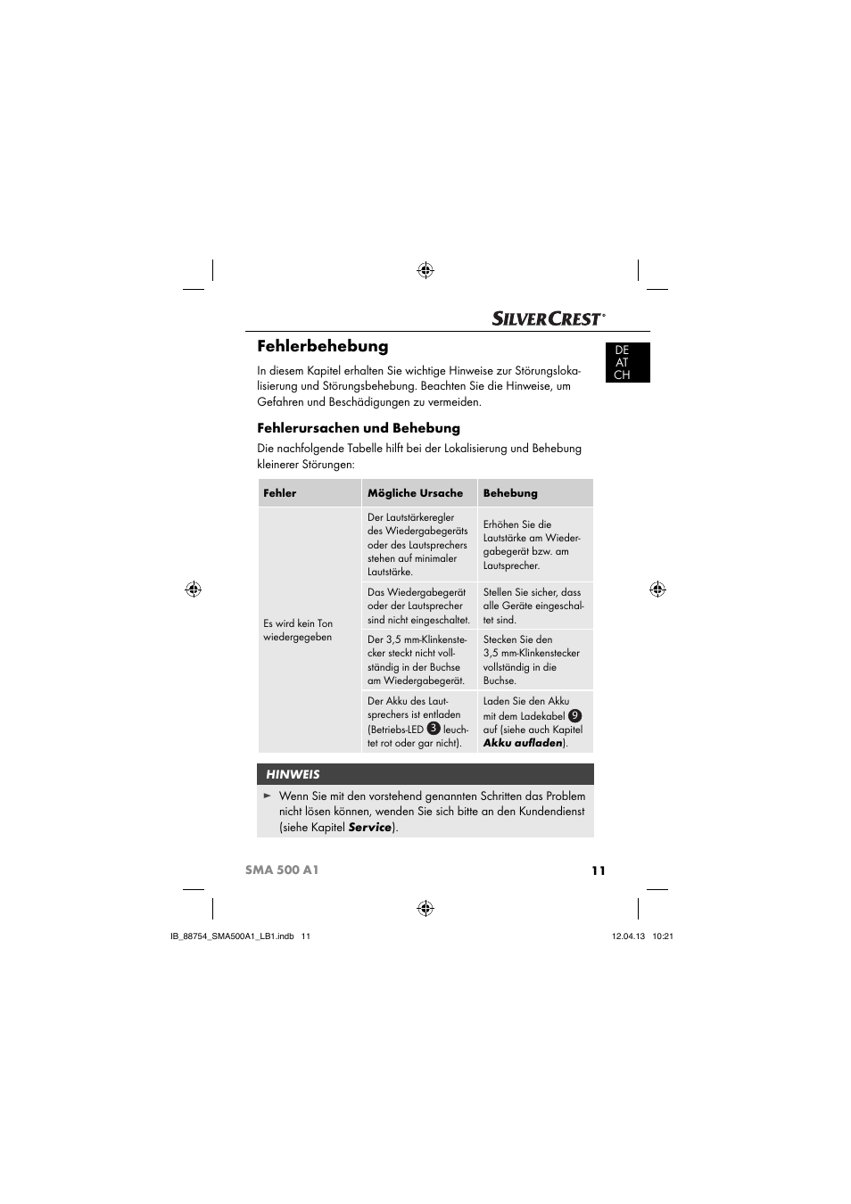 Fehlerbehebung, Fehlerursachen und behebung | Silvercrest SMA 500 A1 User Manual | Page 14 / 83
