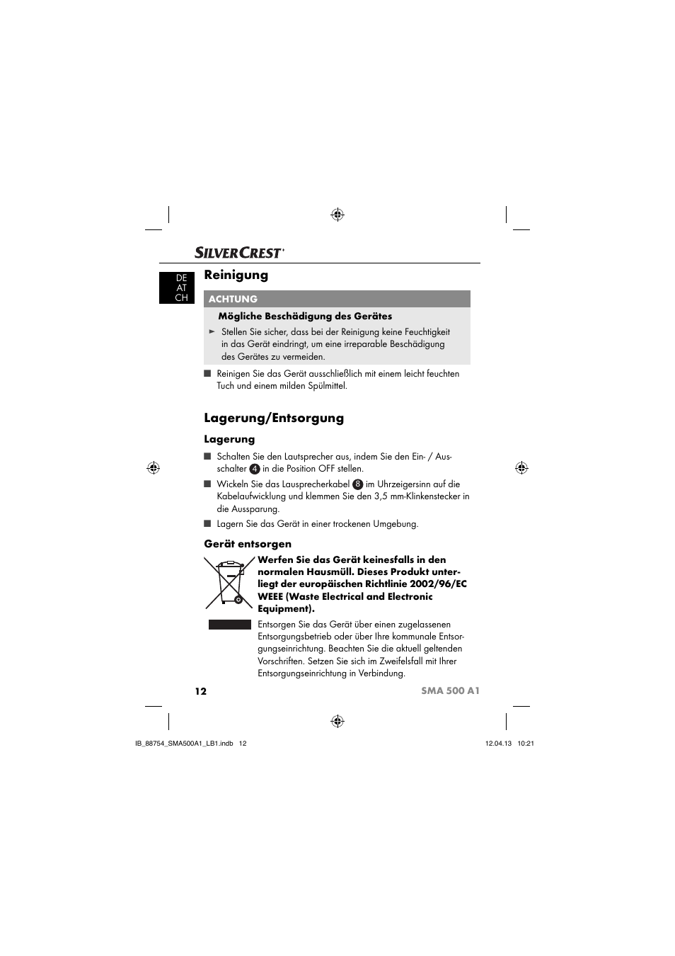 Reinigung, Lagerung/entsorgung, Lagerung | Gerät entsorgen | Silvercrest SMA 500 A1 User Manual | Page 15 / 83