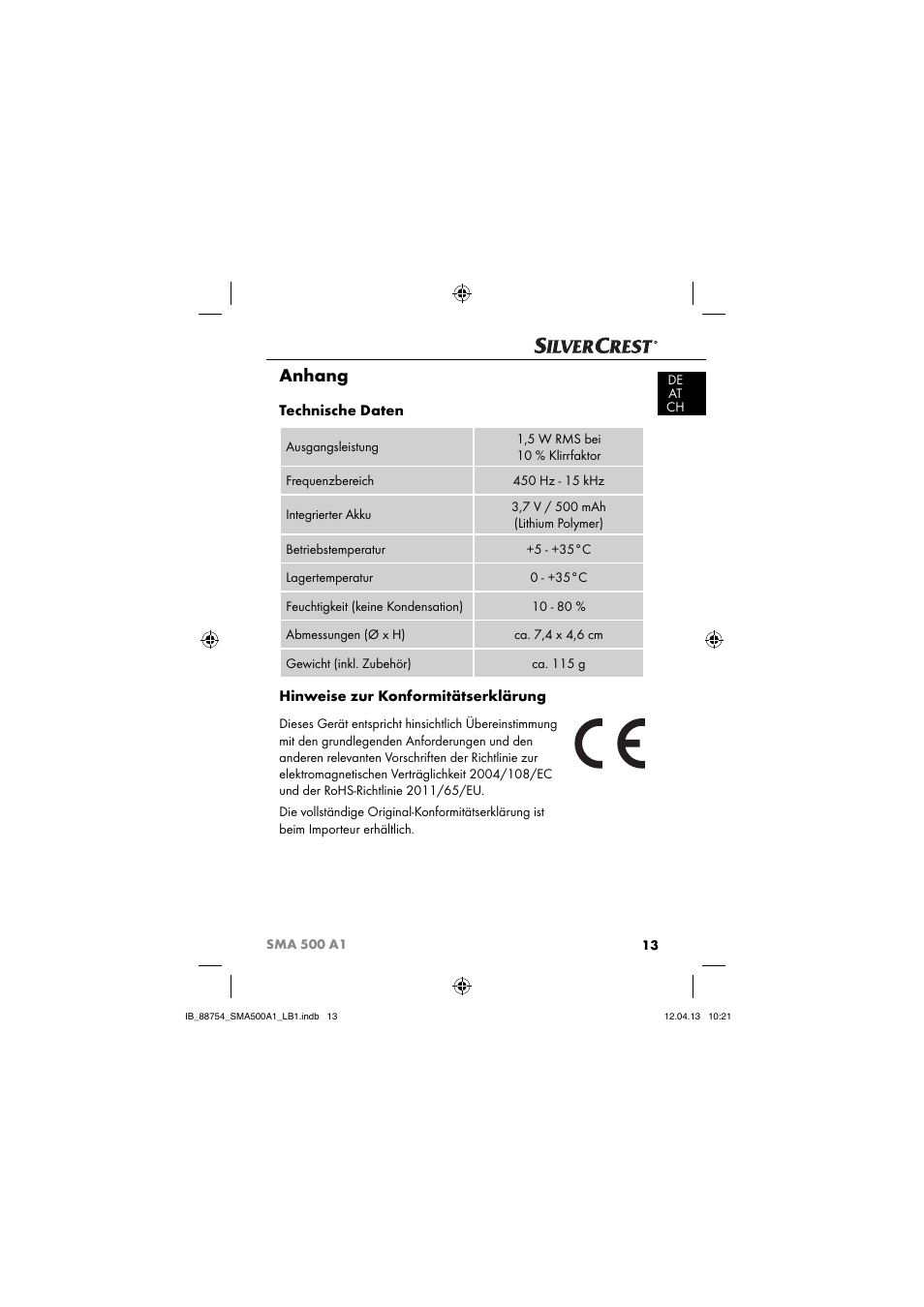 Anhang, Technische daten, Hinweise zur konformitätserklärung | Silvercrest SMA 500 A1 User Manual | Page 16 / 83