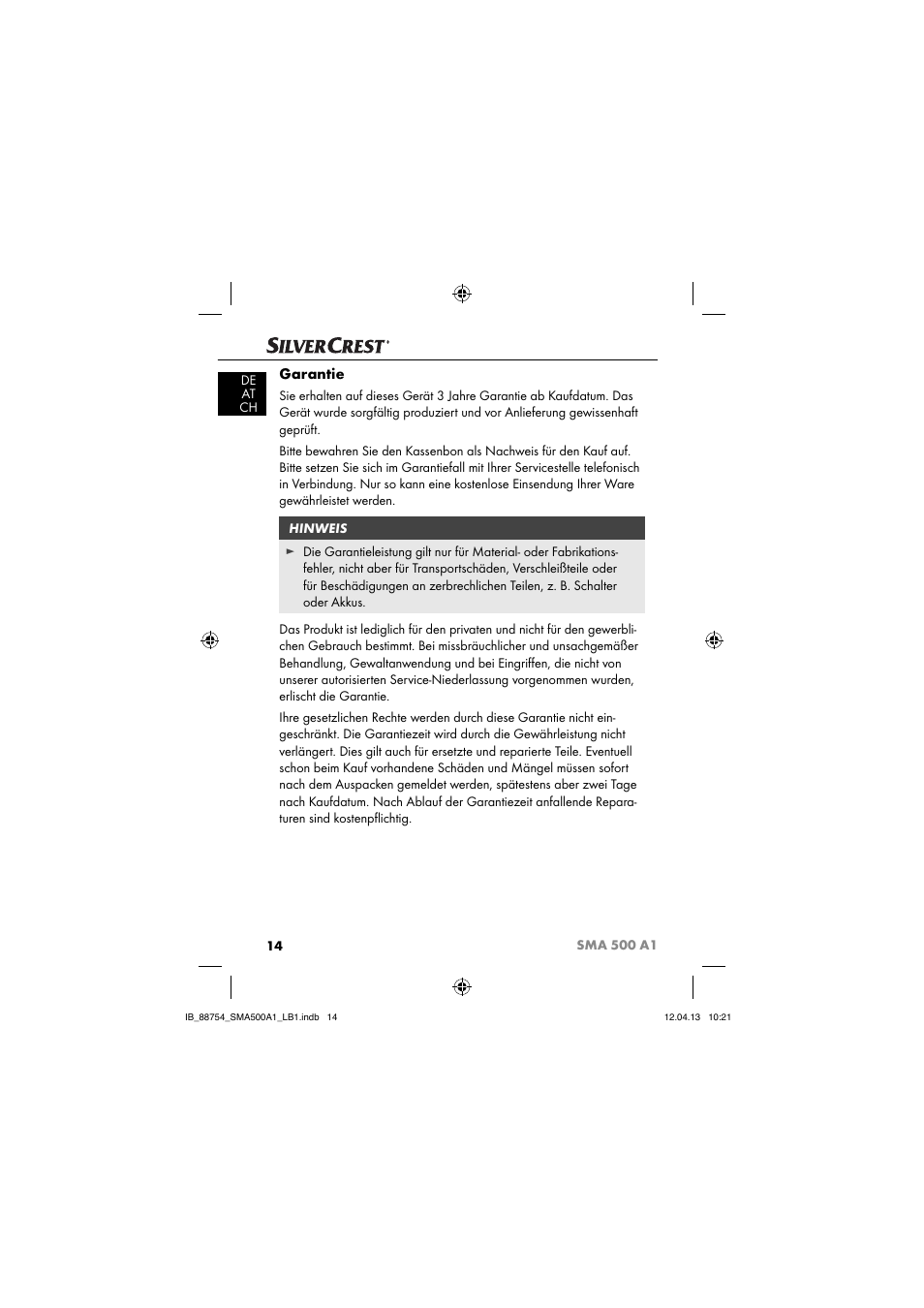 Garantie | Silvercrest SMA 500 A1 User Manual | Page 17 / 83