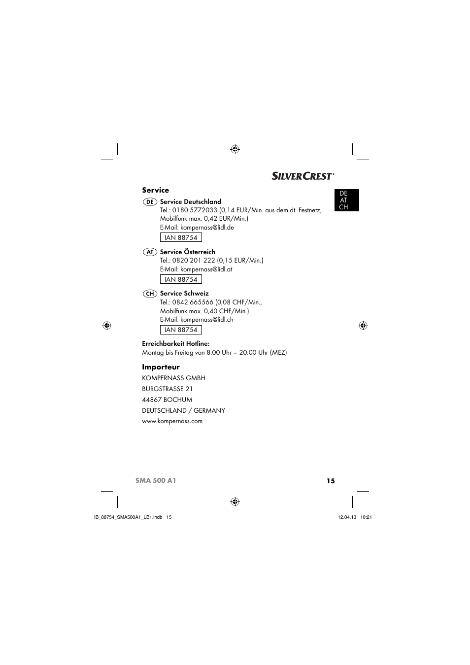 Service, Importeur | Silvercrest SMA 500 A1 User Manual | Page 18 / 83