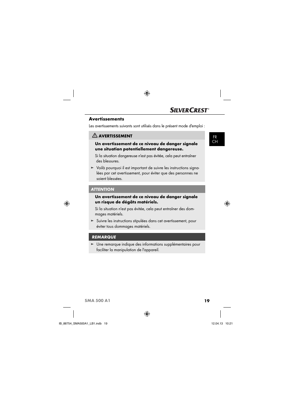 Avertissements | Silvercrest SMA 500 A1 User Manual | Page 22 / 83