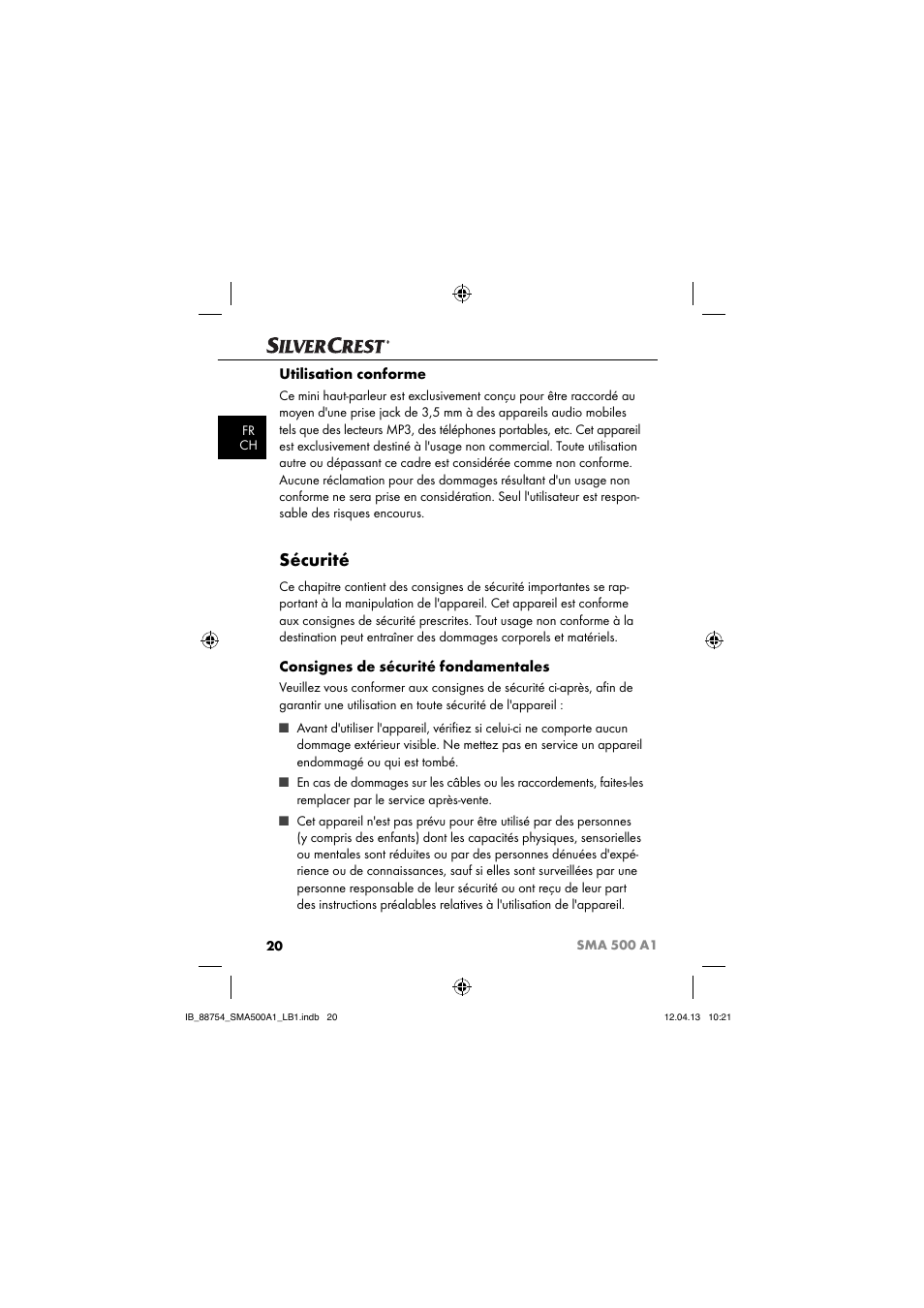 Sécurité, Utilisation conforme, Consignes de sécurité fondamentales | Silvercrest SMA 500 A1 User Manual | Page 23 / 83