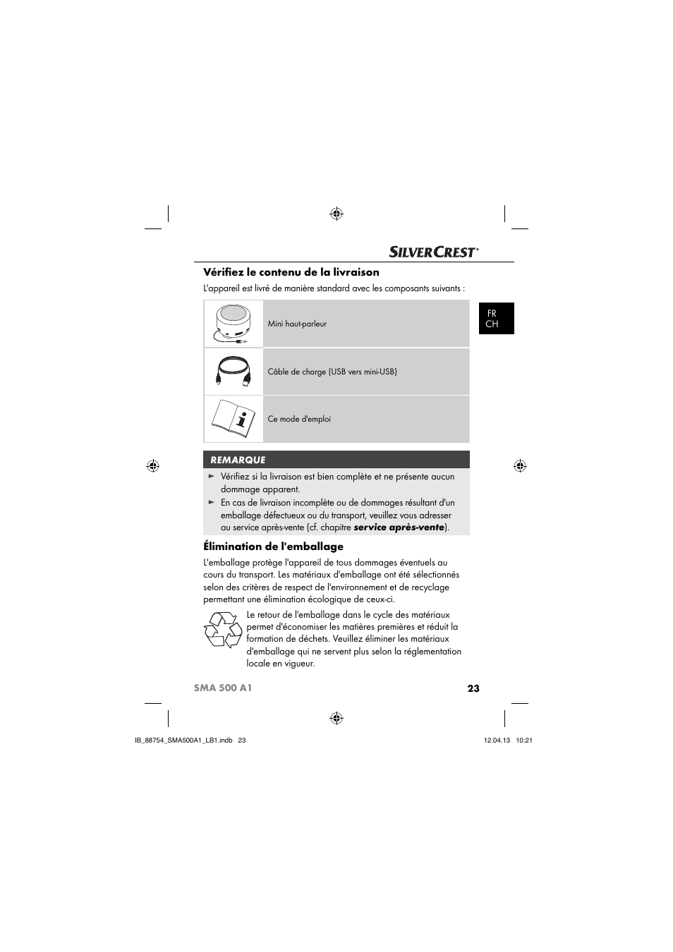 Vériﬁ ez le contenu de la livraison, Élimination de l'emballage | Silvercrest SMA 500 A1 User Manual | Page 26 / 83
