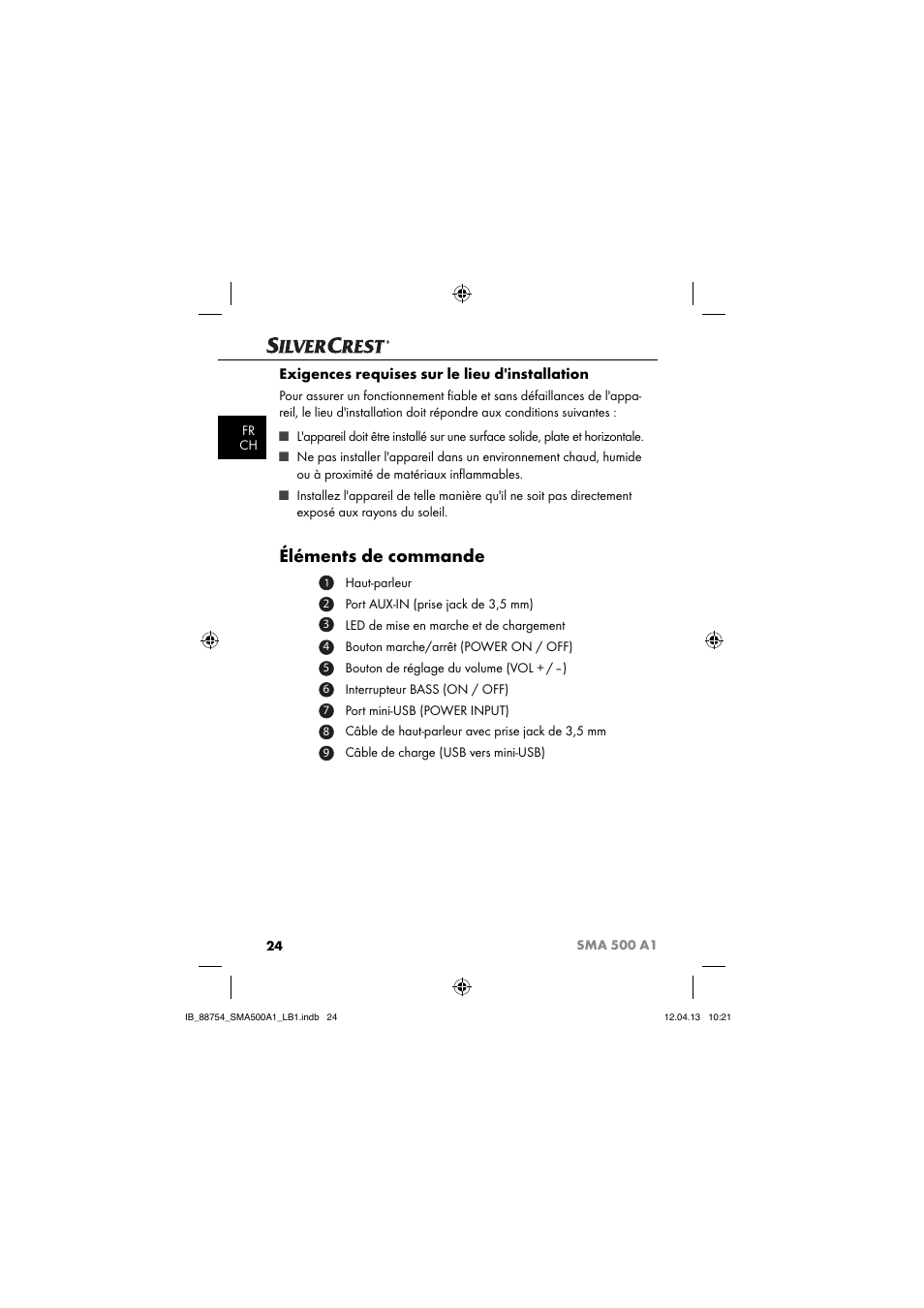 Éléments de commande, Exigences requises sur le lieu d'installation | Silvercrest SMA 500 A1 User Manual | Page 27 / 83