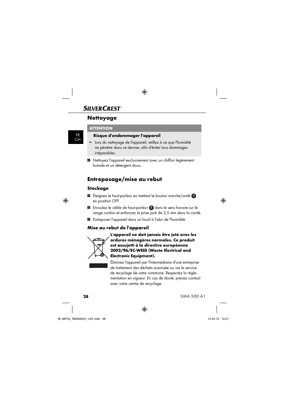 Nettoyage, Entreposage/mise au rebut, Stockage | Mise au rebut de l'appareil | Silvercrest SMA 500 A1 User Manual | Page 31 / 83